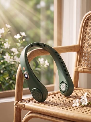 Image of Portable Neck Fan with Digital Display | 5-Speed Adjustable | 180 Cooling Bladeless Wearable Fan | Hair-Safe Hanging Design | Rechargeable Fan for Home Office Travel & Outdoor (Dark Forest Green)