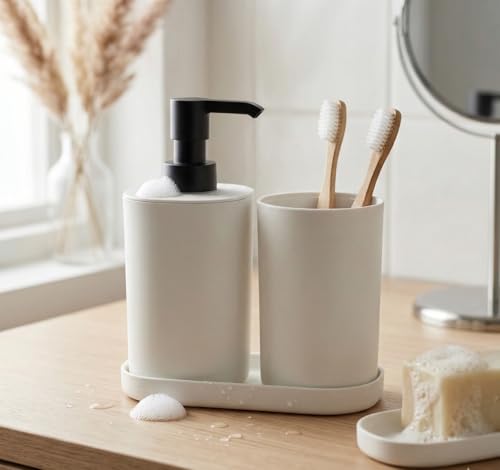 Opiniones y reviews de Juegos de accesorios de baño disponible en línea para comprar. 47 Genérico Argento | Juego de Baño 3 Piezas Dispensador de Jabon Liquido y Vaso Portacepillos con Bandeja Multiusos, Minimalista, Elegante, Resistente y Fácil de Limpiar