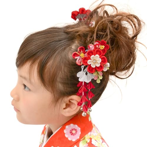 [京のみやび]髪飾り パッチン留め2点セット つまみ細工 ちりめんかんざし 葵 赤 七五三 5251 中国製のサムネイル