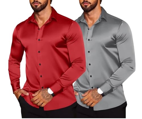 HEMILIQUE Combo of Men’s Premium Satin Cotton Shirt with Full Sleeves & Spread Collar | Smooth Finish | Slim Fit | Stylish Button Down Shirt for Evening, Casual Pack of 2 RED - Silver