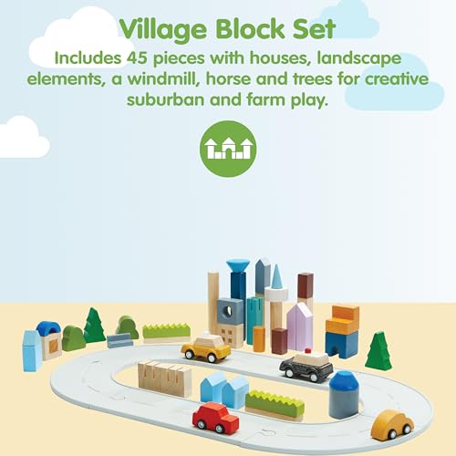 Image of PlanToys Urban City Blocks Wooden Montessori Construction Set | Imagination, Creative Play and Early Language Exploration | Eco Friendly Building Block Set with 45 Pieces