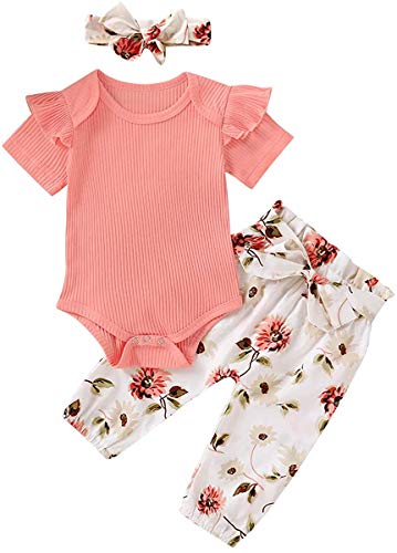 Image of Baby Girls' 3PCS Newborn Clothes Set Long Sleeve Bodysuits Romper Floral (0-3 Months, Pink Floral Sets)