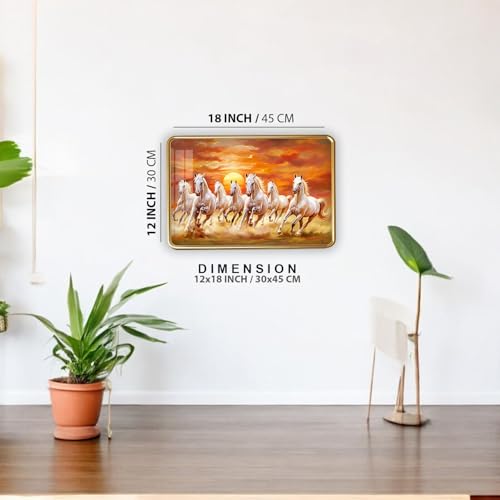 Image of 7 Running Horses Photo Frame, Ultra High Gloss Lamination, Vastu Painting for Living Room, Office, 12x18 Inch (Design 9)