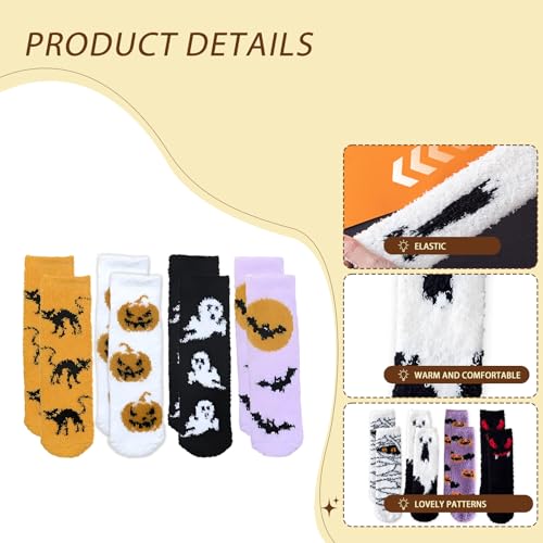 Pddenality 4 Pair Halloween Fluffy Socks, Halloween Gifts Stockings Costumes Funky Socks Sock For Women Pumpkin Sock Skeleton Bat Thin Cat Ghost Horror Gifts for Winter Festival Party - Image 3