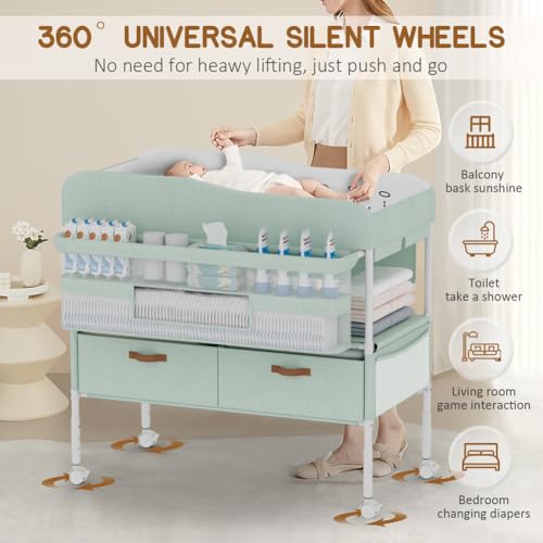 Image of Diaper Changing Station, Portable Changing Table for Baby, Diaper Changing Table with Storage Drawers, Waterproof Baby Changing Station with Wheels and Adjustable Height for Newborn Infant (Green)