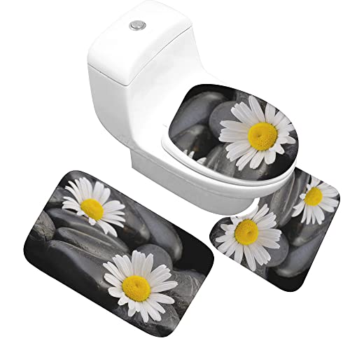 Badezimmer Teppiche Set,Badematten Teppich-Set 3-Teiliges Kiesel-Gänseblümchen 3D-Druck Rutschfeste Badematten Weiche…