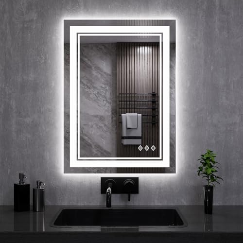 VanPokins LED Mirror, 20x28 Inch Gradient Front and Backlit LED Bathroom Mirror, 3 Colors Dimmable CRI>90, IP54 Enhanced Anti-Fog Bathroom Mirror with Lights by VanPokins - Used condition - US$76.57