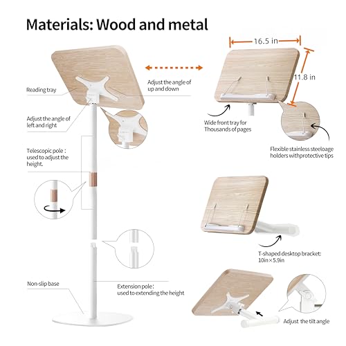 Image of NAMON 2-in-1 Dual-use Floor & Desktop Book Stand, Sturdy Metal & Wood Build, Height Adjustable from 16.5 inch to 51 inch, Floor Reading Stand for Sheet Music, Cookbooks, Projector (White, 10 inch x 15 inch Panel)