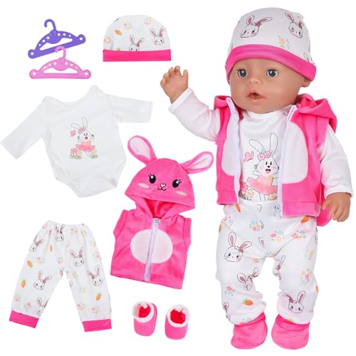 7 Pcs Baby Doll Clothes for 14-18 Inch Dolls Sweet 35-45cm Pink Bunny Baby Doll Outfits with Hooded Coat Bodysuit Trousers Hat Socks Hanger Baby Doll Accessories for Kids Girls Birthday