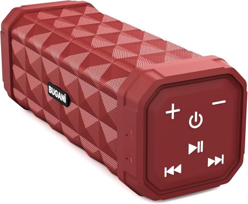 BUGANI Bluetooth Speaker Portable Wireless Speaker, 100ft Wireless Range, Louder Volume, Stereo Sound, Amazing Bass 24H Playtime, IPX5, Built-in Mic, Waterproof Speaker for Home, Outdoor, Red
