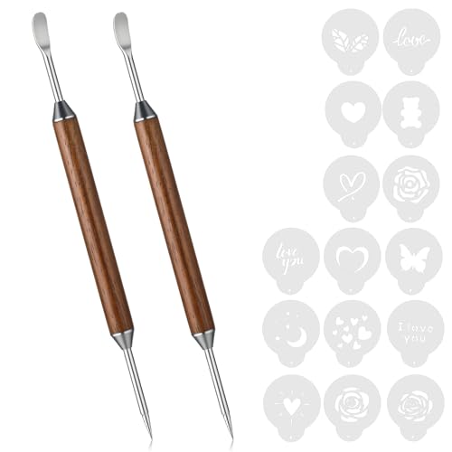 YBEATY 2PCS Latte Art Pen Set Coffee Drawing Tool with Wood Handle Latte Art Pen with Coffee ArtStencils Double-Ended Barista Accessories for CoffeeBar Creating Professional Espresso Tools Home Cafe