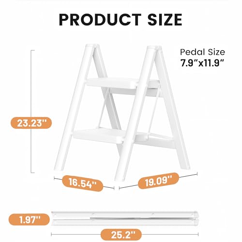 Image of SOLADDER Step Stool, 2 Step Ladder with Anti-Slip and Wide Pedal, Portable Iron Foldable Stepladder for Home and Kitchen, 300lbs - White