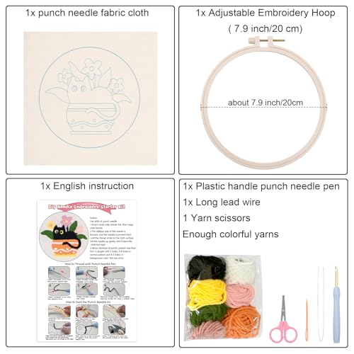 Image of Louise Maelys Cat Plant Pattern Embroidery Kit for Beginners | Pre-Printed Fabric, Hoop, Rug Handle Pen, Yarns. Cross Stitch Kits with Cat Design. DIY Needle Point Kits