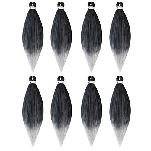 jiefeng 8 Bundles Pre stretched Braiding Hair Extensions for Women 20 Inches Yaki Texture Professional Crochet Twist Braids Hair Synthetic Hair for Braids (20'', black to silver gray)