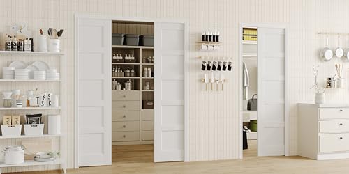 Image of Sliding Pocket Door, 48 inch(2 x 24) x 80 inch, 5-Panel Core with Frame and Hardware Kit Set, Interior Doors for Pocket Door, White Primed - No Panel Assembly Required