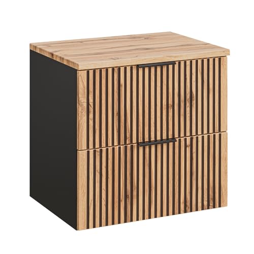 Lomadox Waschtischunterschrank 60 cm Unterschrank mit Waschtischplatte für Aufsatzwaschbecken anthrazit mit Eiche Nb. schwarz gerillt 60,6x59,2x46,5 cm (BxHxT)