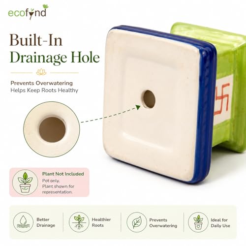Image of ecofynd 5 inches Tulsi Ceramic Plant Pots, Flower Pot with Drainage Hole, Decorative Modern Indoor Planters, Home Garden Decor for Living Room Bedroom Interior (Green,CPOT016)