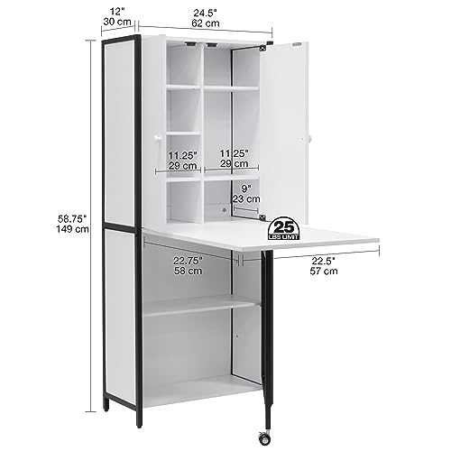 Sew Ready Folding Craft Armoire Cabinet – 58.75″ Tall Multipurpose Workstation with Drop-Leaf Table, Wheel, Powder-Coated Steel Frame, Charcoal/White