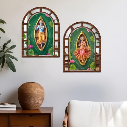 Image of Artvibes Cultural Radha & Krishna Wall Hanging Decor | Decorative Jharokha Mirror for Living Room, Bedroom, Hall, Prayer Room, Dining Room, Foyer & Entryway | Gift (WHJ 12049N), Set of 2