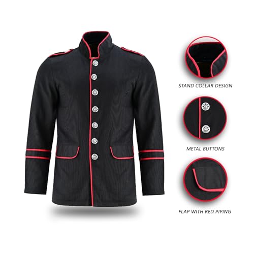 Darkrock Men's Gothic Steampunk Red Piping Jacket Black Parade Military Marching Band Drummer Jacket Goth VTG style4