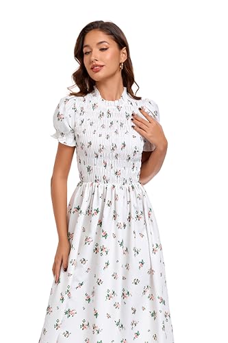 Image of RIHOAS Plaid Gingham Midi Dress Short Sleeve Smocked Dresses for Women | Cotton,Ruffle Puff Sleeves,Vintage Brown,Spring Summer Casual Daily,Picnic,Travel,Vacation,Christmas Festive Occasions