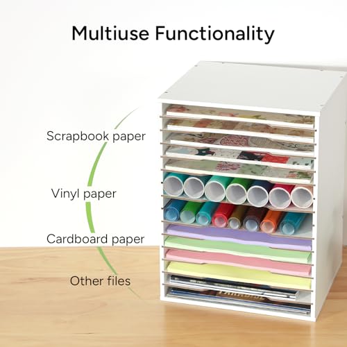 Caydo 15 Slot Paper Organizer Storage, Wood Adjustable Shelves Paper Storage Shelf with Extraction Slot for 12x12Inch Scrapbooks, Heat Transfer Papers, Files, Vinyl for Office, Home (White) by Caydo - Image 4