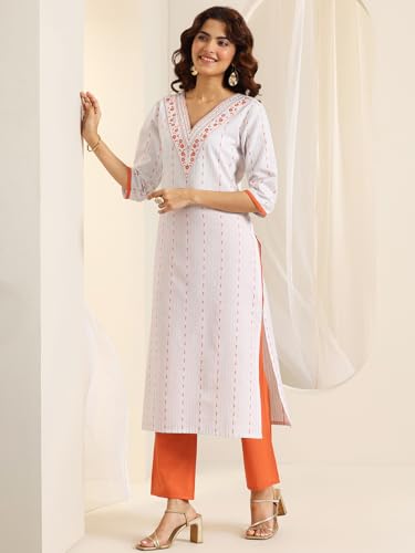 Image of Libas Woven Design Cotton Blend Straight Kurta With Trouser and Dupatta