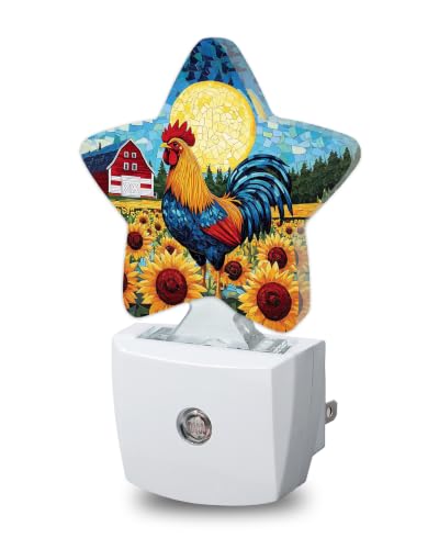 Image of Rooster Sunflower Star Night Light Plug in, Soft Glow Night Light for Kids Bedroom Nursery, Gentle Warm Light for Sleep, Compact Lamp for Hallway Bathroom