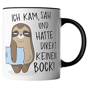 vanVerden Tasse – Ich kam, sah und hatte direkt keinen Bock! – Faultier mit blauem Kissen – beidseitig Bedruckt…