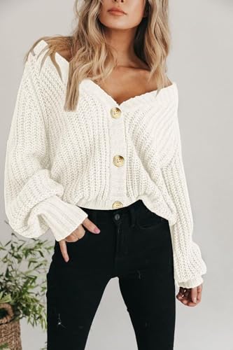 White Cardigan Sweaters for Women Fall Long Sleeve Button Chunky Knitting Cardigan Sweater4