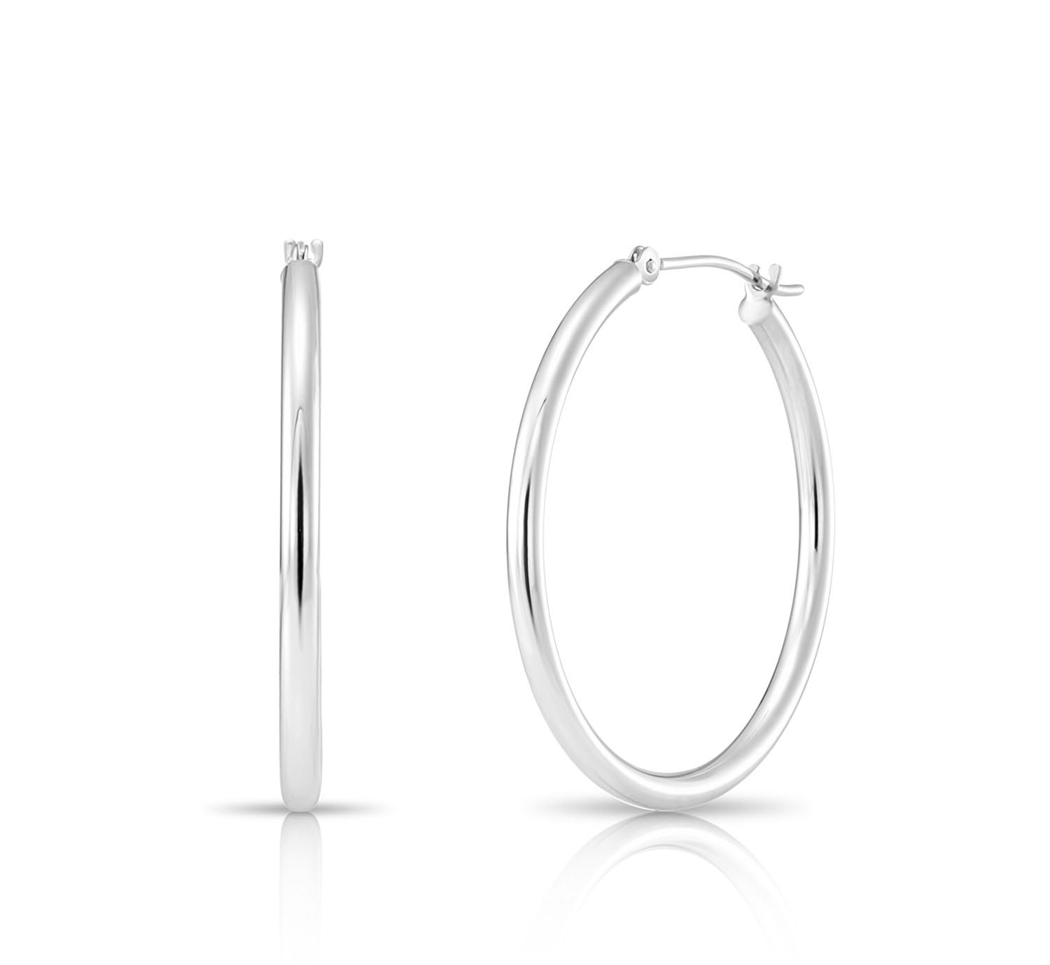 Classic 10K White Gold Hoop Earrings - Shiny Polished Plain Round Gold Hoops for Women and Men