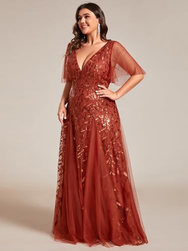 Image of Ever-Pretty Women's Sequin V Neck Plus Size Formal Dresses Evening Gown | Short Sleeve, A-Line, Empire Waist, Plus Size Mother of the Bride Dresses, Plus Size Gala Dress