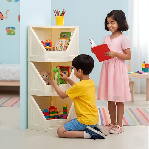 Image of HOMIFLY 2 Tier Corner Storage Cabinet /Stackable Plastic Cupboard for Storage /Foldable Wardrobe for Clothes /Toys Storage Organizer /Cabinet for Kitchen, Bathroom, Living Room (White)