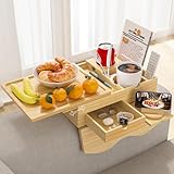 Couch Armrest Table with Removable Multi-Scene Wooden Tray, 13.78"x9.84" Pine Wood Sofa Arm Tray Clip on Arm Rest Table for Couch with 2 Cup Holders 2 Drawers 1 Phone Holder for Eating and Drinking