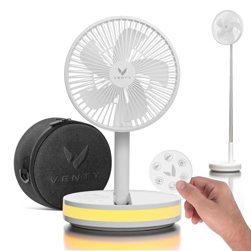 VENTY Ventilador Portátil Plegable con Batería Recargable - Ventilador con Mando a Distancia - 4 Velocidades, Compacto, Ajustable - Con Funda Transporte y Puerto Carga USB - Foldable Portable Fan