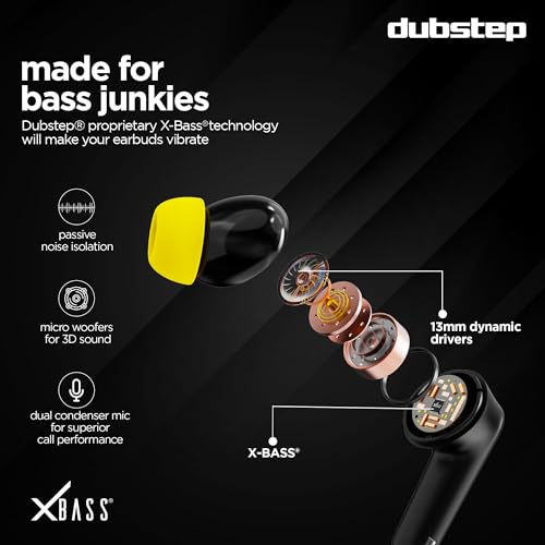 Image of Dubstep Buzz X5 in-Ear Wireless Earbuds with Upto 50 hrs Playtime, 13mm Dynamic Drivers, X-Bass Technology, ENC, Clear Calls TWS Earbuds, Bluetooth V5.3 Earphones, Type-C Fast Charging (Black /Yellow)