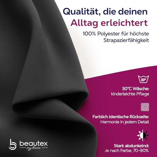 BEAUTEX Verdunkelungsgardine mit Kräuselband U-Band, Blackout Vorhang Blickdicht abdunkelnd, Größe und Farbe wählbar (Breite: 300 cm, Höhe: 245 cm, Dunkelgrau)