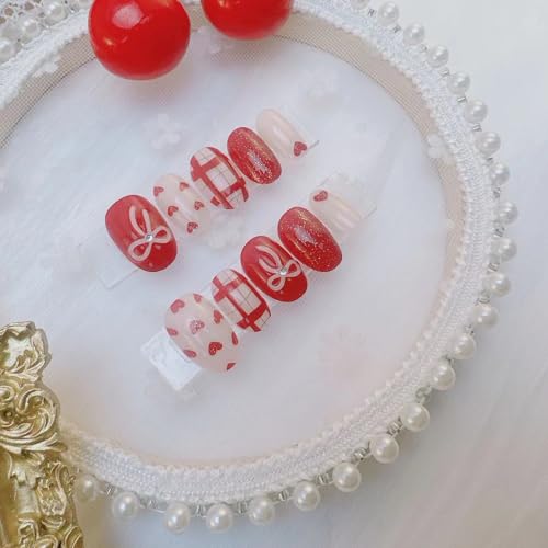 24Pc Cute Glitter Press on Nails Heart Love Fake Nails Short Almond with Cute Simple Red and White Nail Design Bow Press on Wine Red Stripes Stick on Nail Solid Color Artificial Glue on Nail for Women