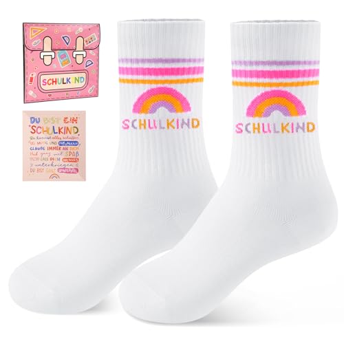 SockWaddles Schulkind Socken aus Baumwolle Geschenk Einschulung Schulkind 2026 Mädchen Jungen (EU25-34)Atmungsaktive Kinder Socken Regenbogen Rosa