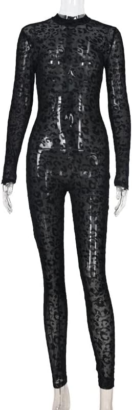 Women's Leopard Print Jumpsuit Long Sleeve Mock Neck See Through Sheer Bodycon One Piece Romper Overalls - Image 4