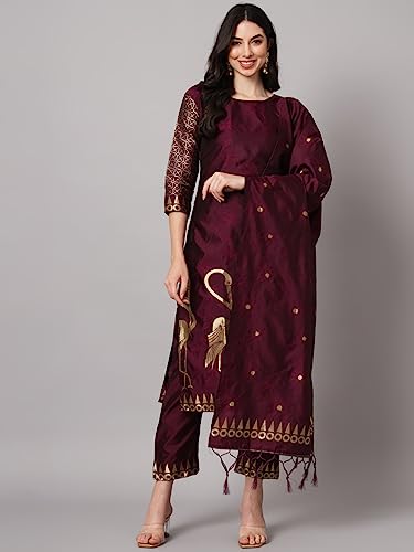 Image of VredeVogel Women's Cotton Silk Jacquard Kurta Pant Set with Banarasi Silk Dupatta