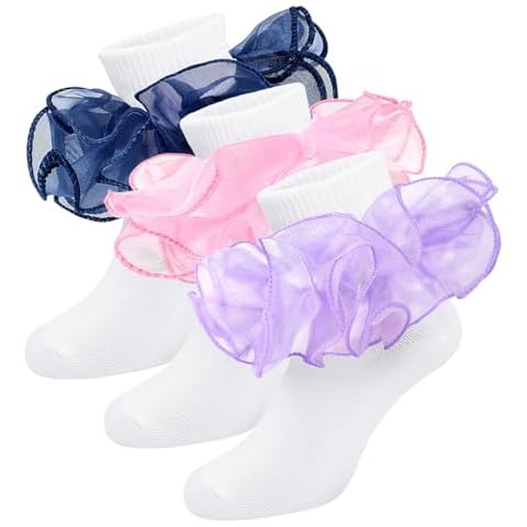 Witwot Girls Ruffle Sock Toddler Double Lace Frilly Dress Sock 3-4 Year Navy-Purple-Pink Cover