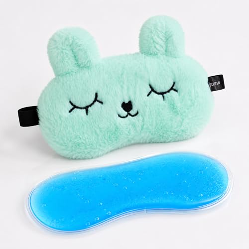 Image of Jenna Cute Fur Gel Sleeping Eye Shade Mask Cover for Insomnia, Meditation, Puffy Eyes and Dark Circles Bunny Green