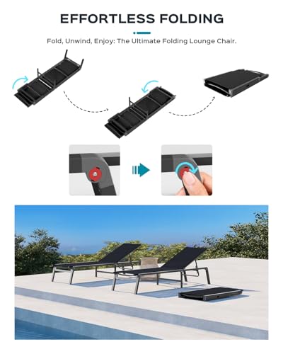 Aluminum Chaise Lounge Ourdoor - Foldable & Assemble Free Outdoor Lounge Chair with 5 Adjustable Backrest, Patio Lounge Chair for Outside Poolside Beach Pool, Black