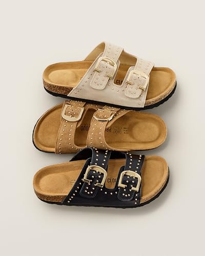 Image of Project Cloud 100% Genuine Leather Flat Sandals For Women 2026 Cork Footbed Womens Sandals with Memory Foam and arch support Vacation Essentials Slides for Women Footwear (Venita)