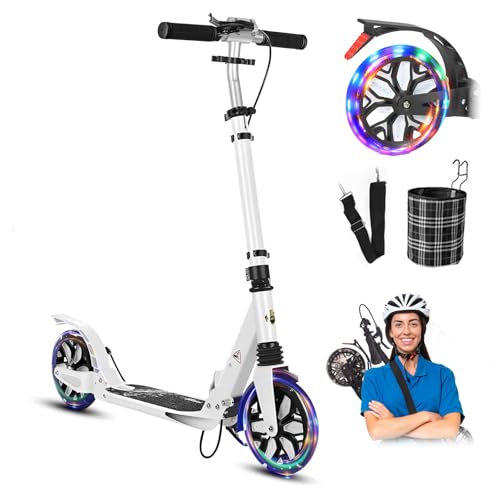 GLDDFDG Commuter Adult Scooter 300 lbs Capacity, Big Wheels Scooters, Sport Folding Kick Scooter for Kids 10 Years and up, 4 Adjustable Levels, Bearing ABEC 9, 15 lbs,White