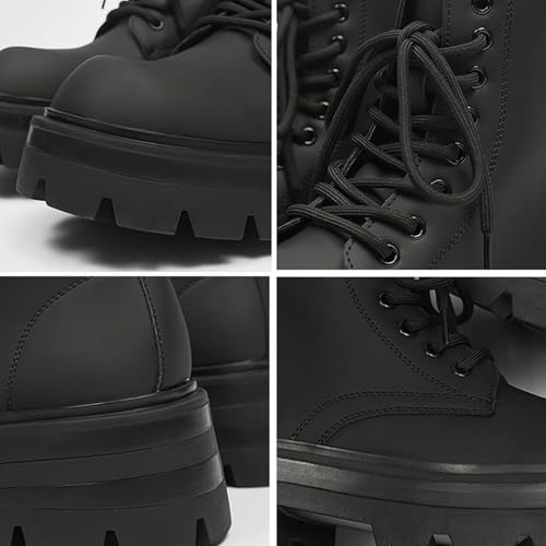 Men's Black Leather Lace-up Platform Combat Boots Retro Wide Toe Side Zipper Comfort Chunky Heel Lug Sole High Top Biker Ankle Booties2