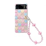 Cute Case for Galaxy Z Flip 4 with Love Heart Beads Strap, Women Case for Z Flip 4 Kawaii Lanyard Ca