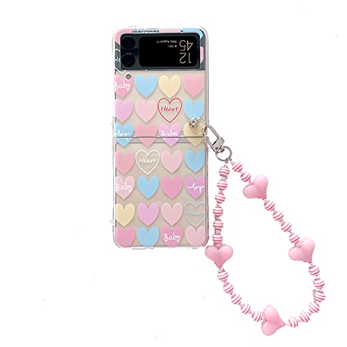 Cute Case For Galaxy Z Flip 4 With Love Heart Beads Strap, Women Case For Z Flip 4 Kawaii Lanyard Case, Pretty Girly Lovely Case For Samsung Z Flip 4 #TOP21