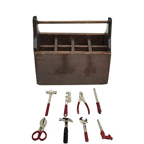 witgift Miniatur Werkzeugkasten mit Werkzeug,Holzkiste Toolbox Werkzeugkoffer Werkzeugkiste mit Metallwerkzeug Set,Puppenhaus Garten Möbel Zubehör für Puppenhaus Gartengeräte